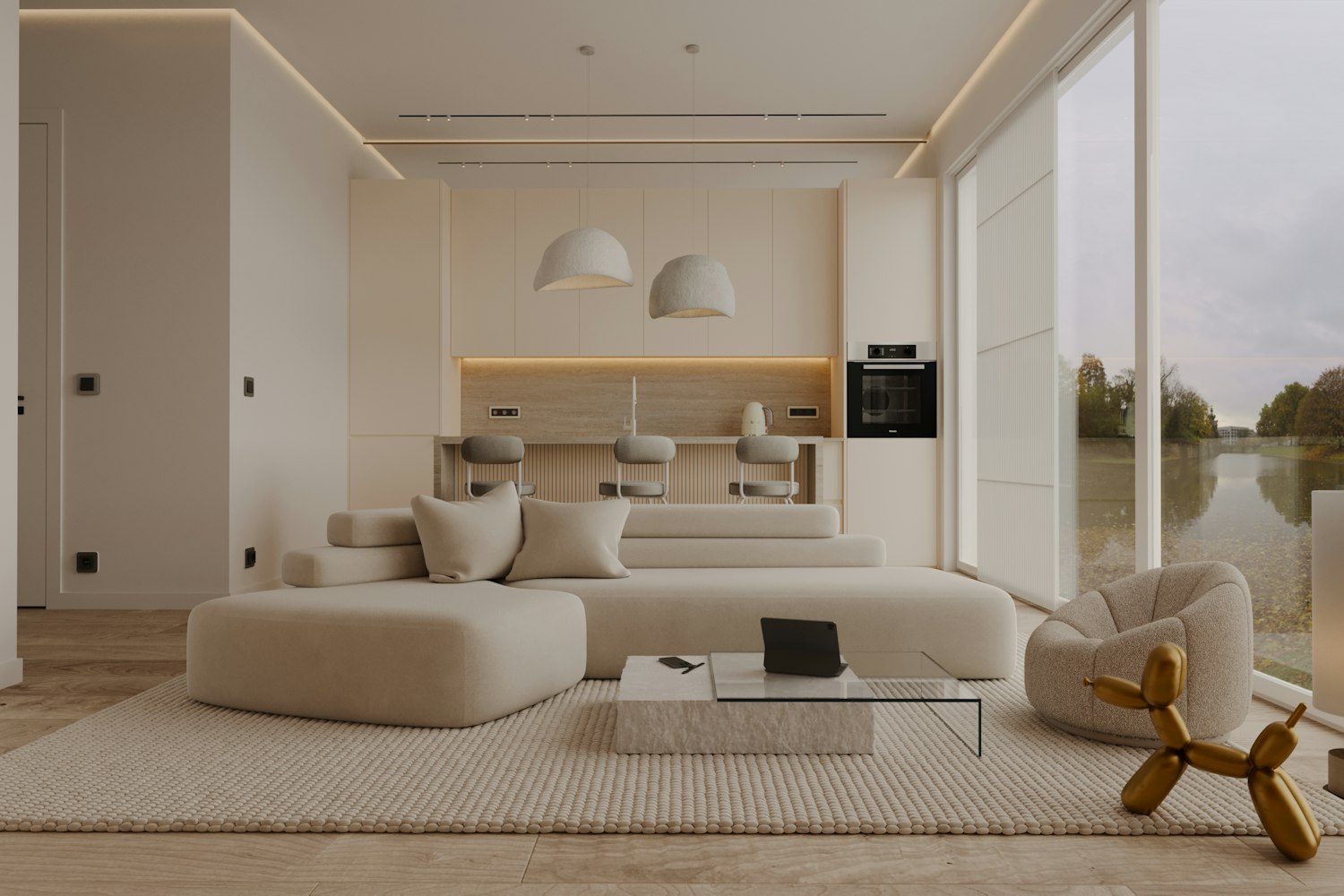 Ambiente residencial contemporâneo com mobiliário neutro e circulação bem definida