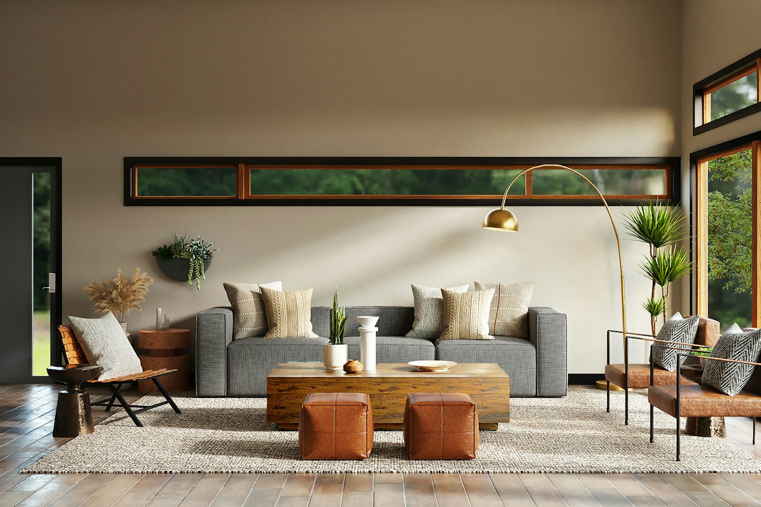 Sala elegante com iluminação acolhedora preparada para uma visita imobiliária